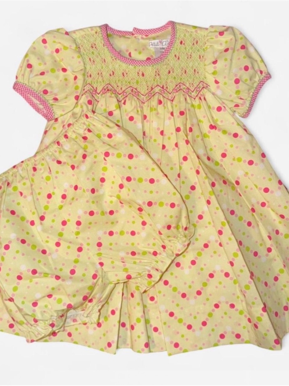 Petit Ami Yellow Smocked Dress Set with Pink & Lime Dots